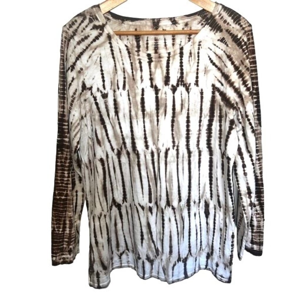 Pure Jill Tie-Dye Long Sleeve Cotton Brown/White Tee Shirt Womens Size Large